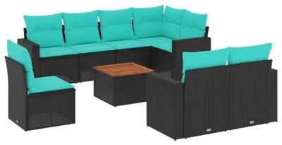 Zdjęcie produktu dla vidaXL 9-częściowa sofa ogrodowa z poduszkami z czarnego polirattanu