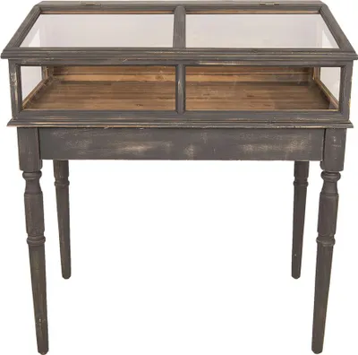 A display cabinet with glass top and wooden interior, standing on four legs.