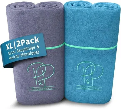 Imagen del producto de Unyqoos® - Juego de 2 toallas para secar perros – Microfibra, 120 x 70 cm, extra absorbente, de secado rápido, suave, lavable, con amplios bolsillos, 2 colores