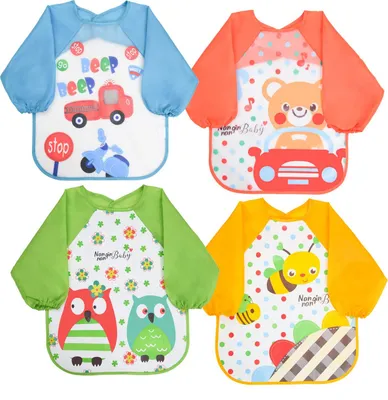 Produktbild von Baby Lätzchen mit Lange Ärmeln, 4 Stück Wasserdicht Lätzchen, Ärmellätzchen Abwaschbar, Unisex Lätzchen für Malen Play Essen Kunst Handwerk Malerei, 4 Muster, Passend für 6-36 Monate Kinder