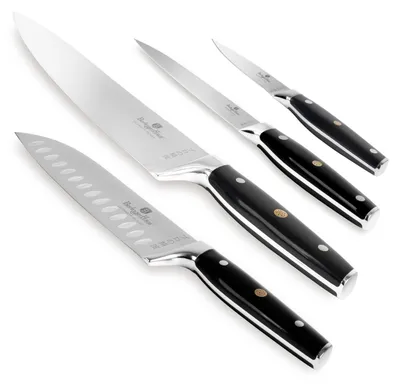 Immagine prodotto di Set di coltelli da cucina Berlinger Haus 4 pezzi, acciaio inossidabile di alta qualit, impugnatura ergonomica, include coltello da chef 20 cm, Santoku 17,5 cm, multiuso 12,5 cm, pelapatate 9 cm, nero/argento