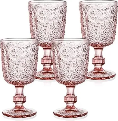 Produktbild von Tebery 4 Stück 300ml rosa Glas Weinkelch Vintage, 10oz farbige Getränke Stielglas Becher, geprägtes Design Glaswaren Set für Wasser, Saft, Wein, Bier und Cocktails