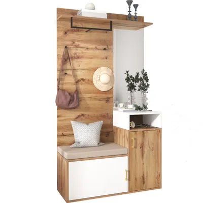Produktbild von Garderoben-Set mit Sitzfläche, Spiegel, Schuhschränke, Ablage, Kleiderstange und Haken, Wandgarderobe