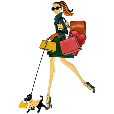 Produktbild von abc HOME | Wanddeko Frau mit Einkaufstaschen und Hund | Metall | 55 cm H