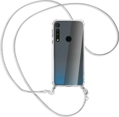 Produktbild von Handykette Backcover-Schutzhülle mit Band (Metall silberfarben) für Motorola One Macro - silberfarbene Kette Snake