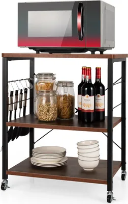 Produktbild von GOPLUS Servierwagen mit 3 Ebenen, Küchenwagen mit Rollen, Rollenwagen mit erstellbaren Regalen & 10 abnehmbaren Haken, 60 x 40 x 73,5 cm (Braun)