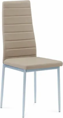 A single beige dining chair with a silver frame is shown against a white background.