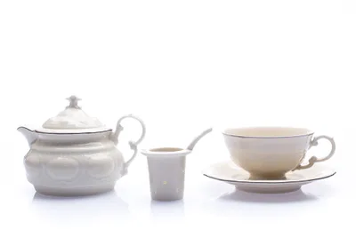 Produktbild von Tasse mit Teekanne, tschechisches Porzellan, Elfenbein, Platinlinie, 0,2 l und 0,4 l, Leander