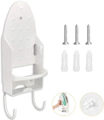 Obrázok produktu pre Držiak na žehliacu dosku na stenu, montáž na stenu s 2 háčikmi, úložný box PBT na žehliacu dosku a žehličku, rozmery 13,3 x 29,4 cm