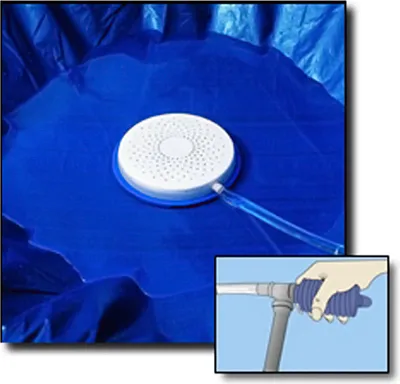 A white disc with holes and a blue ring is placed on a blue tarp. A clear tube extends from the disc. An inset shows a hand squeezing a blue bulb pump.