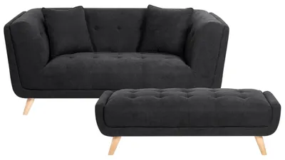 Produktbild von BELIANI 2-Sitzer Sofa mit Ottomane Schwarz Stoff Gepolstert Gesteppt Breite Armlehnen Hohe Holzbeine Freistehend Modernes Retro Design für Wohnzimmer