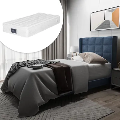 Produktbild von Polsterbett mit Federkernmatratze,Hausbett(90x200cm,Blau) mit gepolstertes Kopfteil Flachbett mit Lattenrost,Leinen, mittelfest