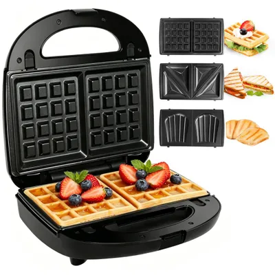Produktbild von Gotoll 3-in-1-Sandwichmaker – Sandwiches, Waffeln und Paninis, antihaftbeschichtete, austauschbare Platten, Kontaktgrill, 750 W,Schwarz