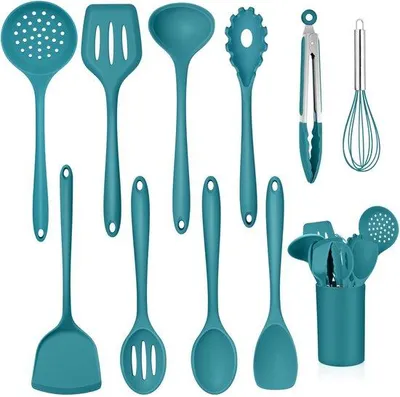 Immagine prodotto di Set di utensili da cucina in silicone Ibenzoa® da 11 pezzi – resistenti al calore e con rivestimento antiaderente, include spatola, cucchiaio, frusta, manici ergonomici e supporto per la conservazione