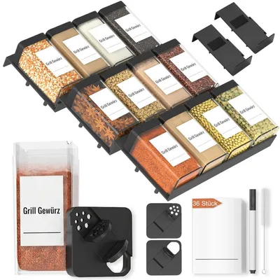 Produktbild von Gewürz Organizer Set mit 12 Eckigen Gläsern und Streueinsätzen, Schwarz