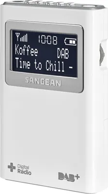 A white portable Sangean radio with a screen displaying station information.