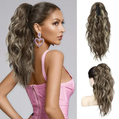 Image de Extension de queue de cheval de 46 cm, clip-on, ondulée, couleur châtain moyen, blond cendré