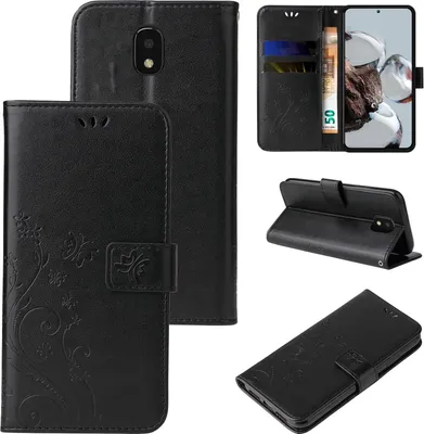 Produktbild von Handyhülle für Samsung Galaxy J3 (2017) Floral Blumen Schmetterling Flip Cover Hülle Case Klapphülle Handytasche Farbe: Schwarz