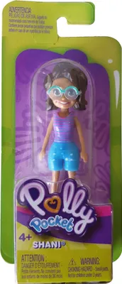 Produktbild von Polly Pocket Mini-Puppe SHANI mit blauen Shorts und gestreiften Shirt GFP79