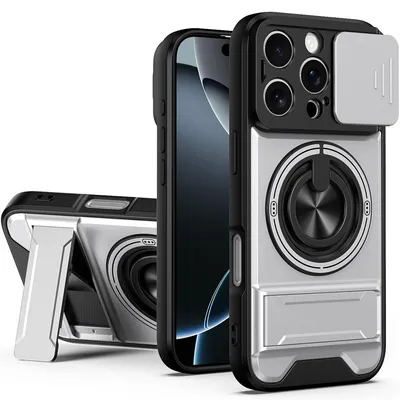 Obrázek produktu pro Magnetické pouzdro pro iPhone 16 Pro Ochranné pouzdro s posuvným krytem fotoaparátu a kroužkovým stojánkem Stříbrná