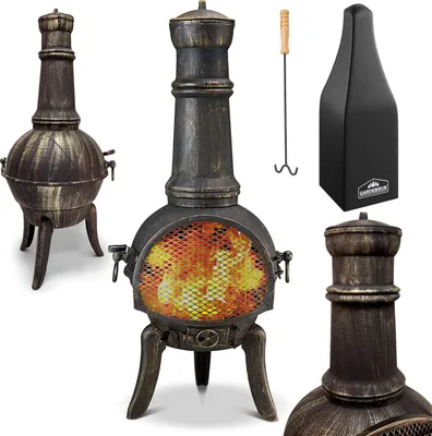 A collage of images showing a chiminea fireplace, a poker, and a cover.