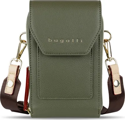 A green Bugatti crossbody purse bag is shown against a white background.