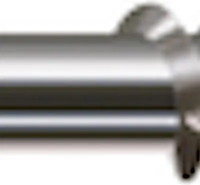 A close-up, side view of a metal screw.