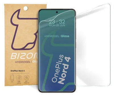 A hydrogel screen protector for a OnePlus Nord 4 is shown next to its packaging.