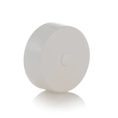 A white cylindrical object with a small circular indentation on its top surface, isolated on a white background.