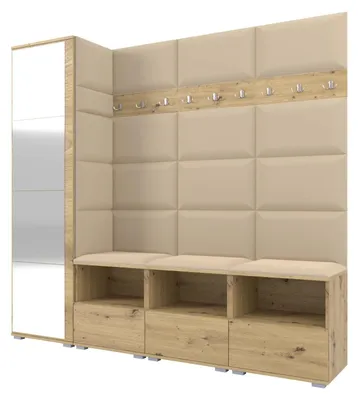 Produktbild von Garderobe NELA IX 200 cm Modulare Flurmöbel Artisan Eiche mit Spiegel & Sitzpolster Beige 04 (Breite Sitzbank)