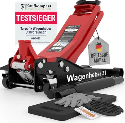 Produktbild von Tarpofix Wagenheber 3T hydraulisch – Rangierwagenheber flach für Auto & SUV, Hubhöhe 85 - 475 mm, inkl. Gummiauflage & Handschuhe