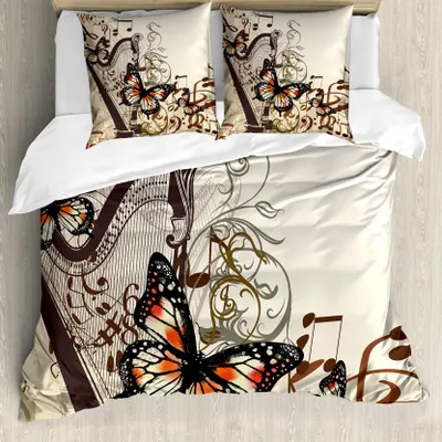Produktbild von ABAKUHAUS Schmetterlinge Bettbezug, Harfe Ornament Schmetterling, Milbensicher Allergiker geeignet mit Kissenbezügen, 200 cm x 200 cm - 80 x 80 cm, Creme Orange Schwarz