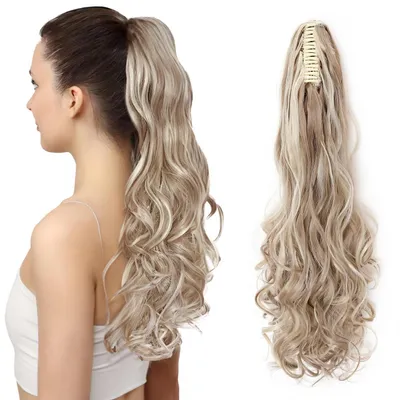 Produktbild von Pferdeschwanz Clip Extensions 60 cm Gewellt Aschblond Balayage Synthetik für Frauen