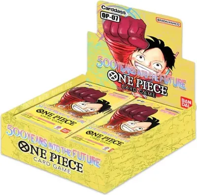 A booster box of One Piece trading cards with the character Monkey D. Luffy prominently displayed.