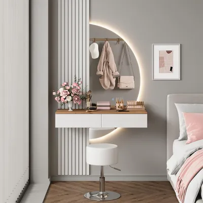 Produktbild von Schminktisch Vicco Melina Weiß/Eiche 100 cm mit LED-Spiegel und Hocker, Model 58448