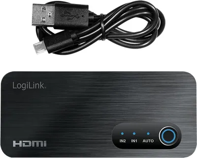 A black LogiLink HDMI switch with a USB cable on a white background.