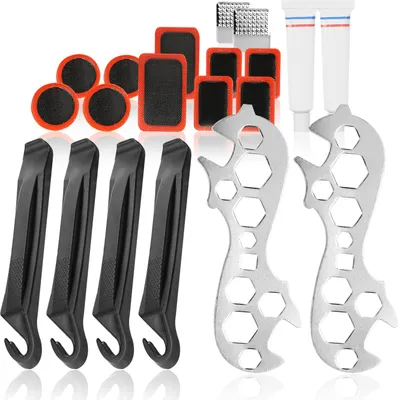 Produktbild von COM-FOUR® 20-teiliges Fahrradreparatur-Set, umfassendes Fahrradreifenflickzeug mit Reifenheber, Flicken, Kleber, Multi-Schraubenschlüssel und mehr