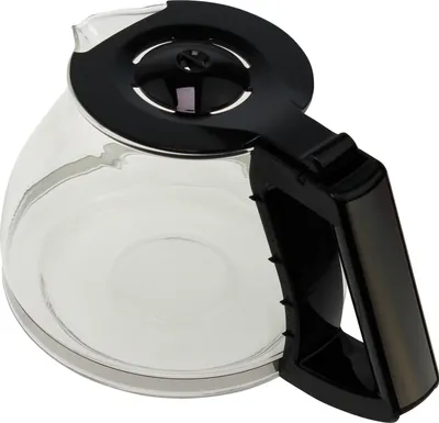 A clear glass coffee pot with a black lid and handle, isolated on a white background.
