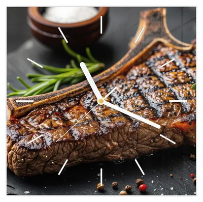 Produktbild von Wanduhr aus Glas mit Motiv Gegrilltes Steak- 30 x 30 cm - inkl. Aufhängesystem