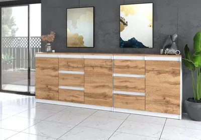 Zdjęcie produktu dla AZ team ® Duża Komoda BIAŁA WOTAN blat WOTAN 200 cm 6 Szuflad 3 Drzwi Zestaw do Salonu