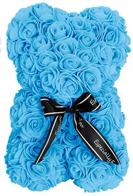 A blue rose bear with a black ribbon.