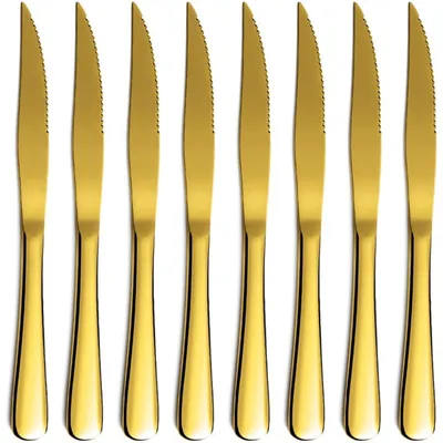 Produktbild von Goldenes Steakmesser Set 8-teilig Titanvergoldetes Edelstahl-Scharfmesser-Set Robust Spülmaschinenfest Ergonomischer Griff Perfekt für Hochzeiten