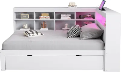 Produktbild von okwish  Daybett mit Ausziehbarem Bett，90x200cm, Schlafsofa，Multifunktionales Einzelholzbett, mit USB- und Steckdose&Regalen ，ohne Matratze，Weiß
