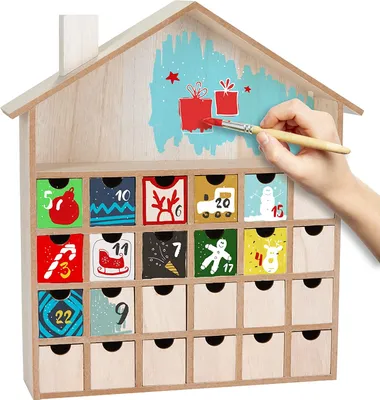 Obrázok produktu pre BRUBAKER Opakovane použiteľný adventný kalendár na vyplnenie 24 zásuviek - DIY vianočný kalendár na maľovanie, remeselné práce a vlastný dizajn - prázdny vianočný domček - výška 33,3 cm