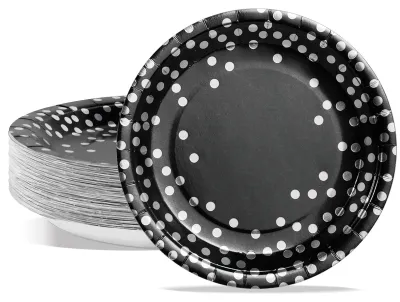 50 Papier-Dinnerteller 23 cm – Einweg-Geschirr, Schwarz-Silber, Punkte