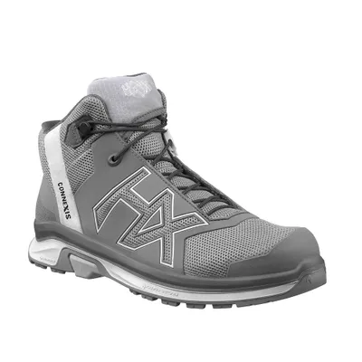 A single grey and white mid-height boot is shown against a white background.