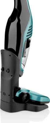 A close-up, side view of a cordless vacuum cleaner and its charging base, set against a white background.