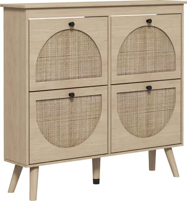 Produktbild von HOMCOM Schuhschrank mit 4 Klapptüren, Platz für 20 Paar Schuhe, verstellbarer Einlegeboden, im Bohème-Stil, Beine aus Massivholz, 105 x 24 x 97,5 cm, Natur