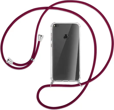 Produktbild von Handykette Backcover-Schutzhülle mit Band (Metall silberfarben) für Huawei P8 Lite / P9 Lite 2017 - dunkelrot
