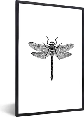 Produktbild von MuchoWow® Gerahmtes Poster Libelle - Insekten - Retro - Schwarz und weiß 40x60 cm - Poster mit Schwarzem Bilderrahmen Wandposter Rahmen Foto Bilder - Papierdruck - Wandbilder